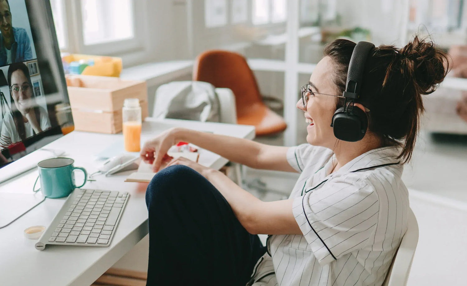 Woman with genuine smile on video call