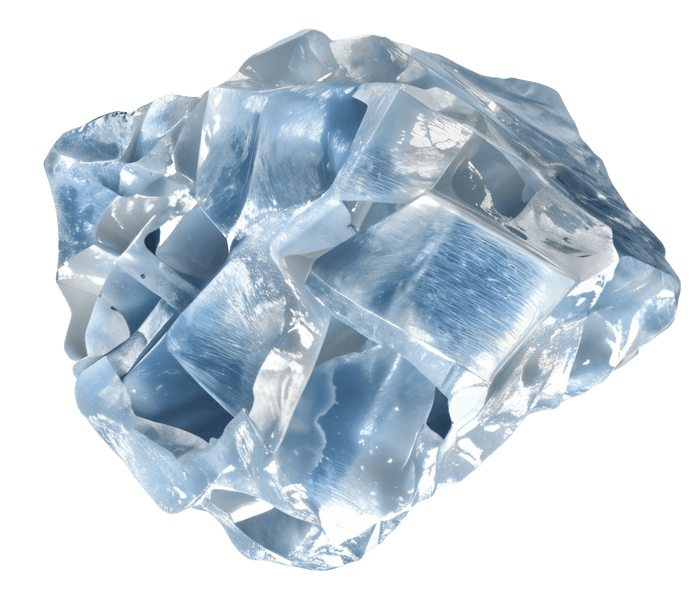Blue, translucent crystal formation on black background.