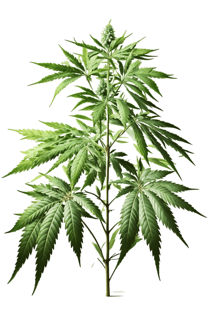 Cannabis plant with large green leaves and buds against a black background.