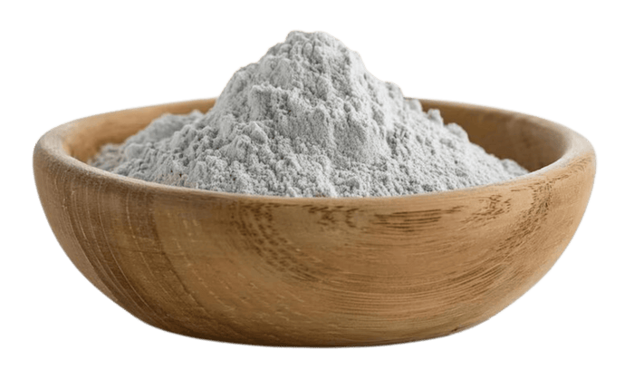 Wooden bowl filled with white powder.