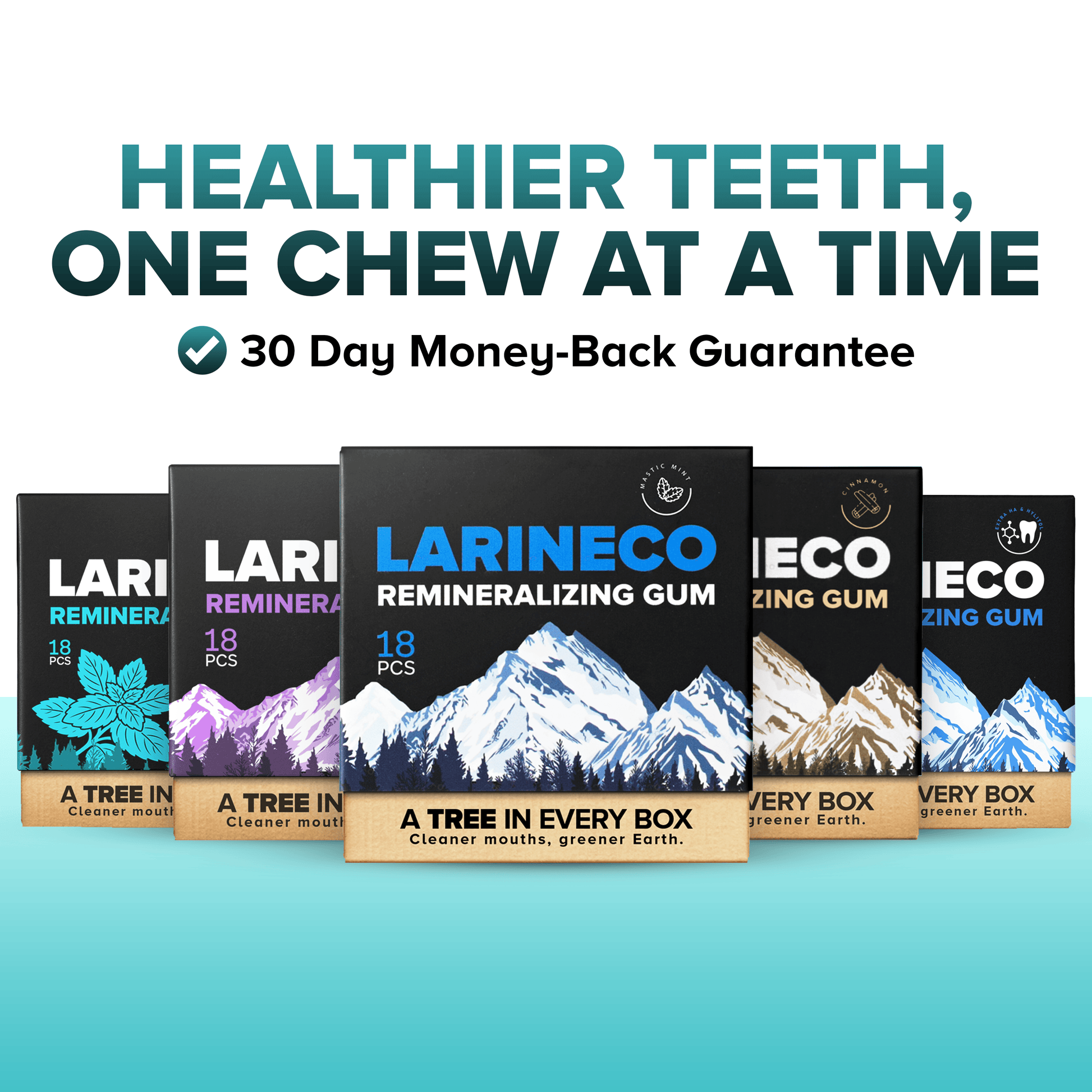 Larineco remineralizing gum, healthier teeth, money-back guarantee