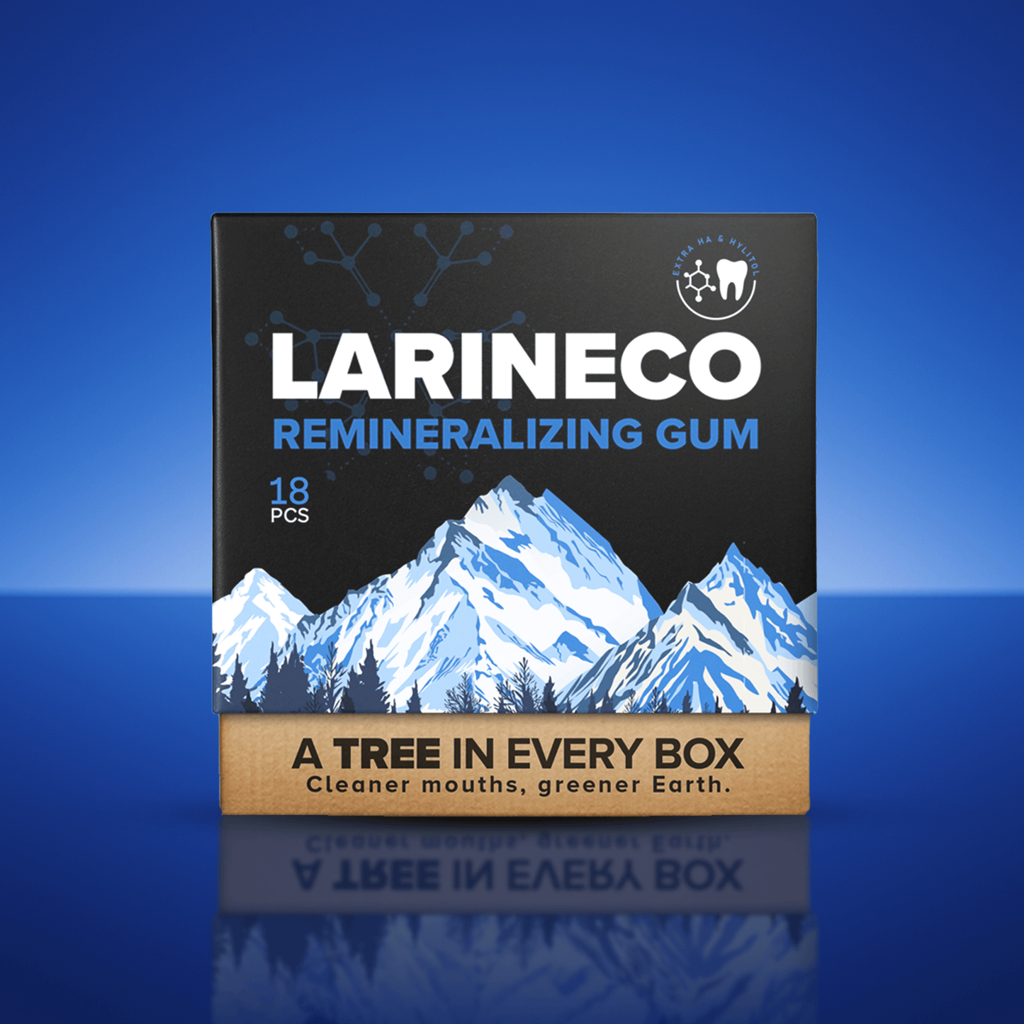 ExtraHA2 Larineco Remineralizing Gum box with mountain graphic.