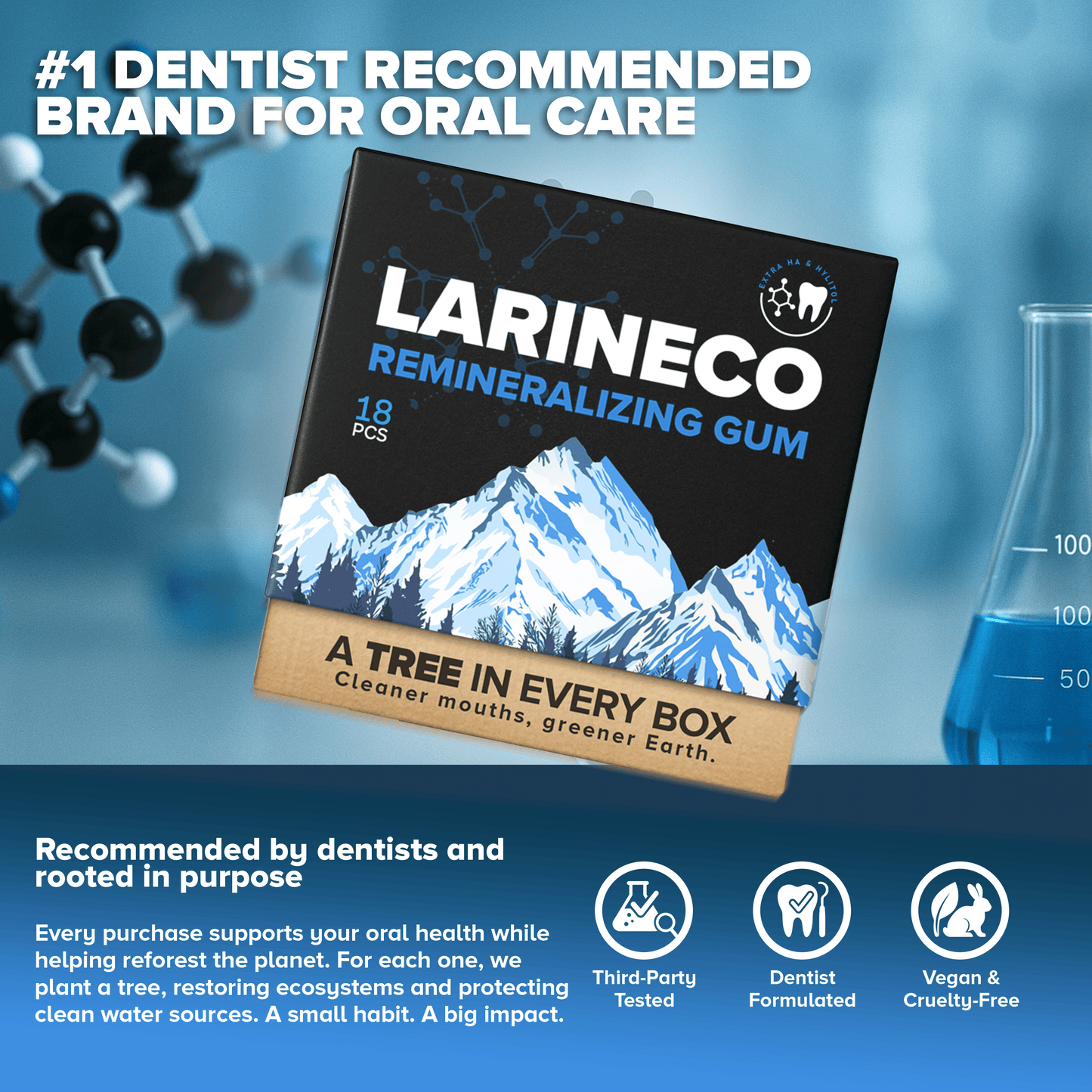 Larineco Remineralizing Gum box with mountains, #1 Dentist Recommended.