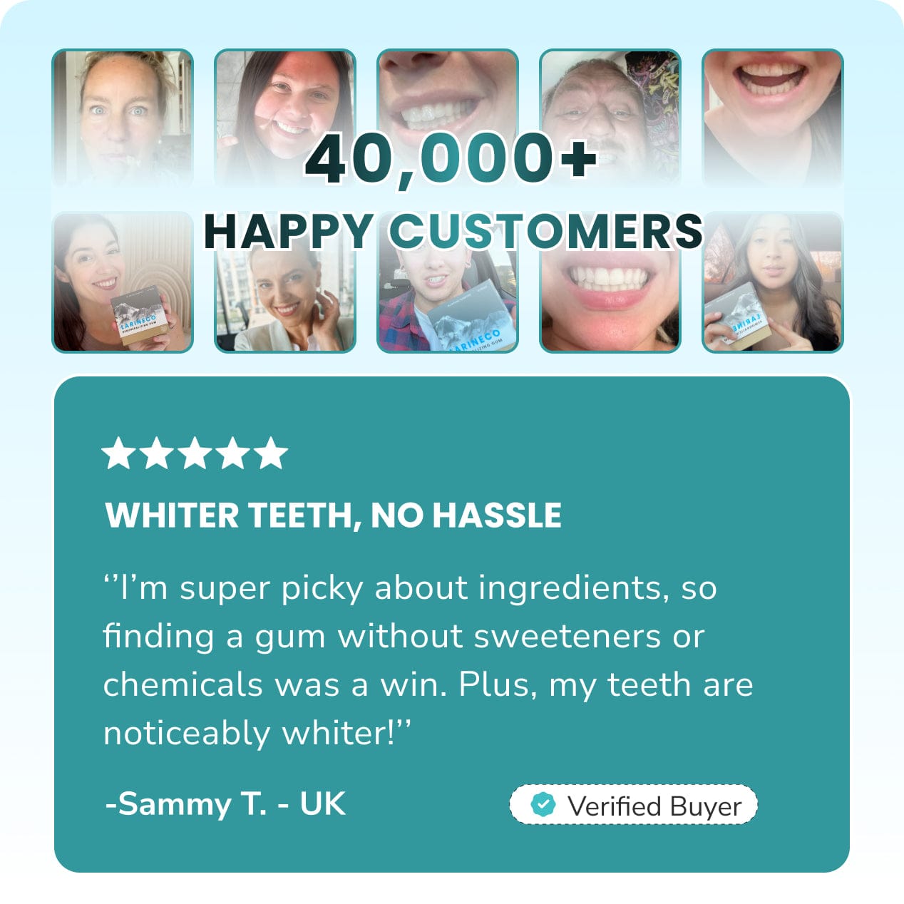Smiling faces with text about whiter teeth and happy customers.