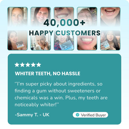 Smiling faces with text about whiter teeth and happy customers.