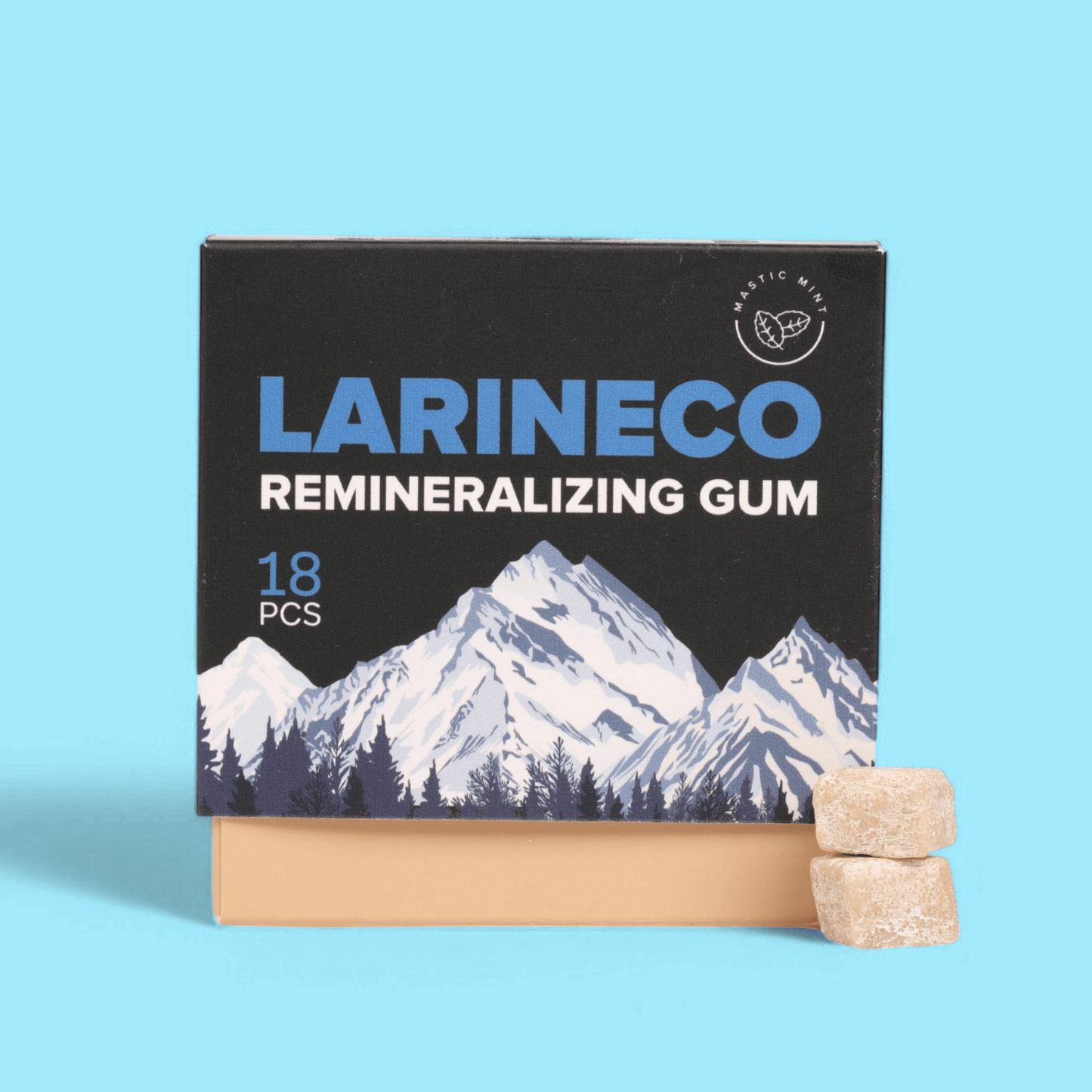 Box of remineralizing gum with mountain graphic and two pieces of gum.