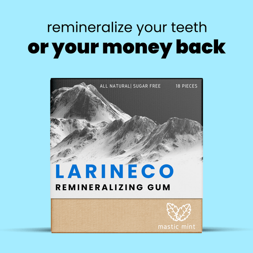 Larineco remineralizing gum with money-back guarantee, mastic mint.