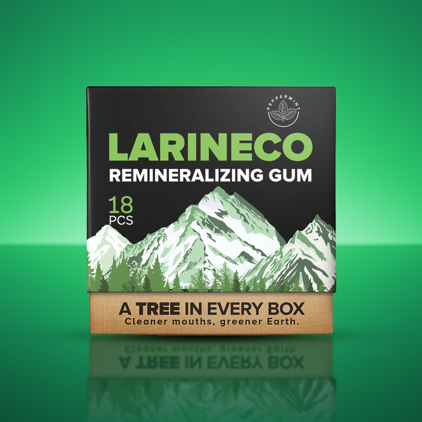 Peppermint Larineco remineralizing gum box with mountain design