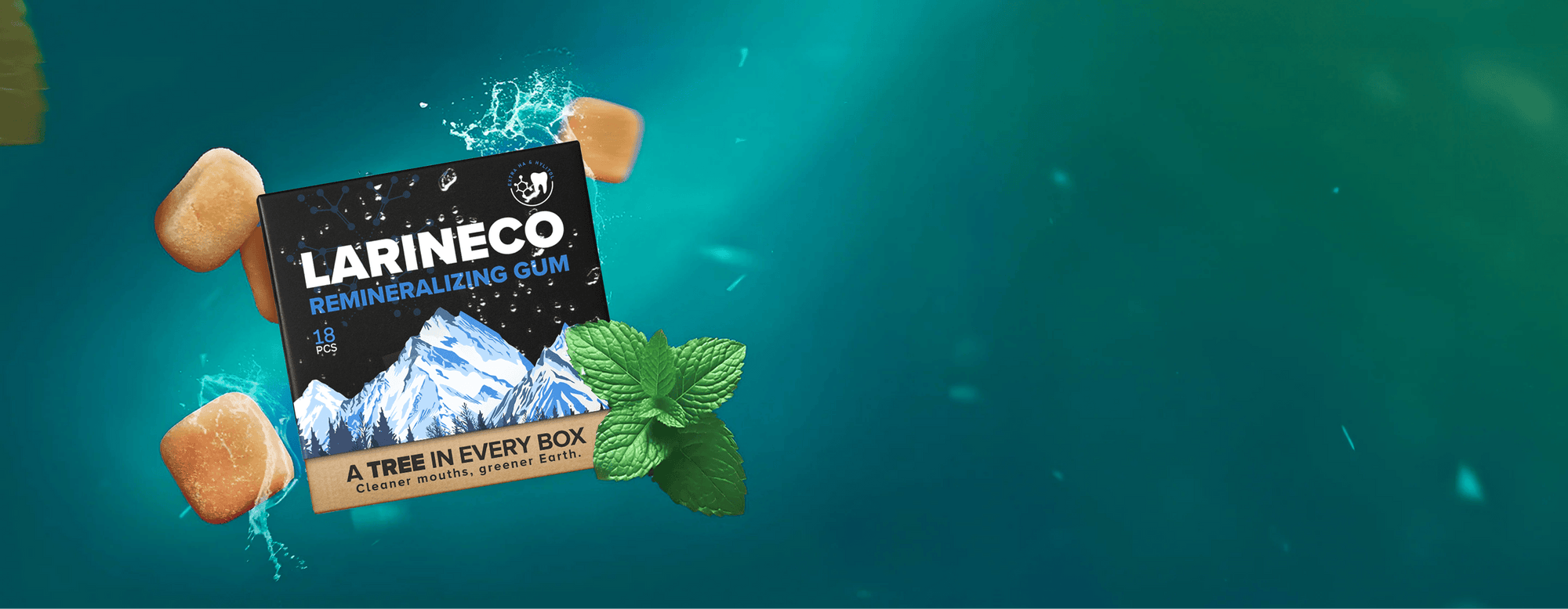 Larineco Remineralizing Gum with mint and trust badges background