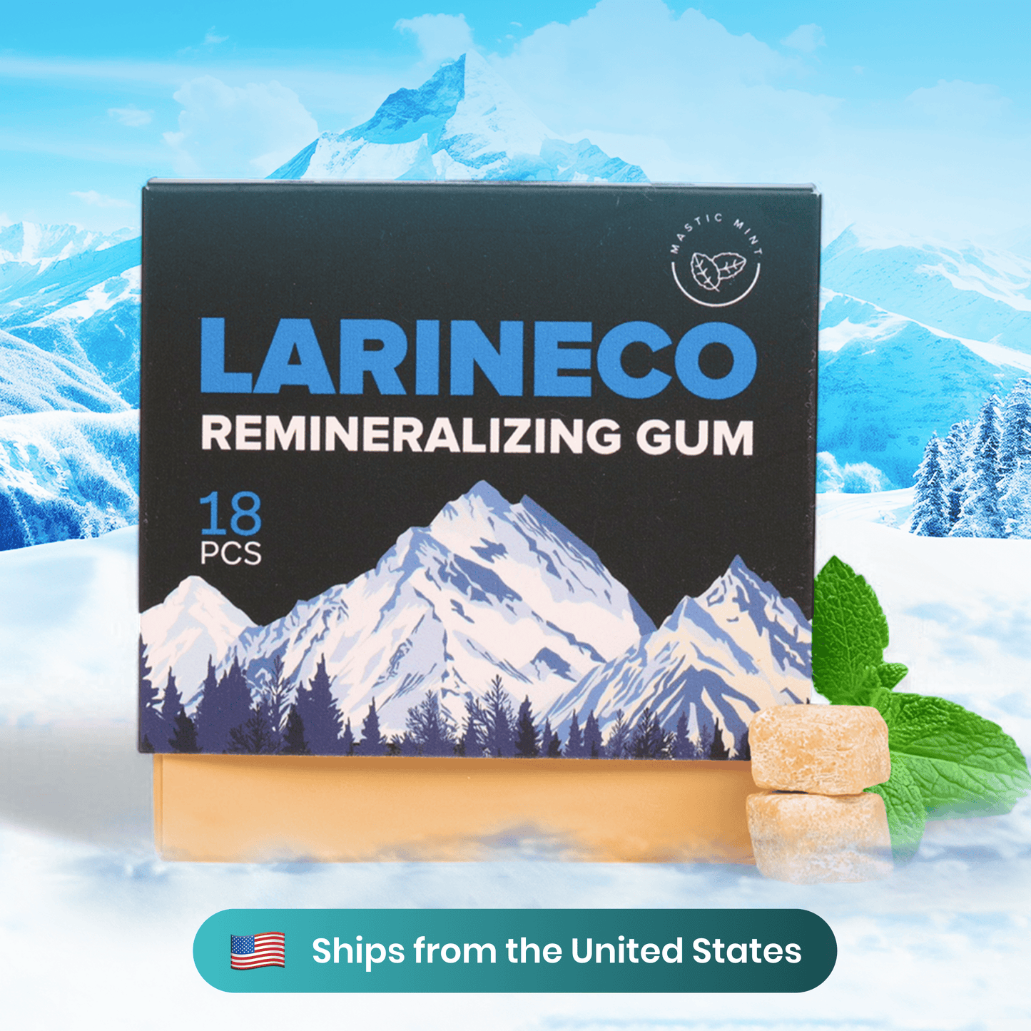 Larineco Remineralizing Gum box with mountain graphic